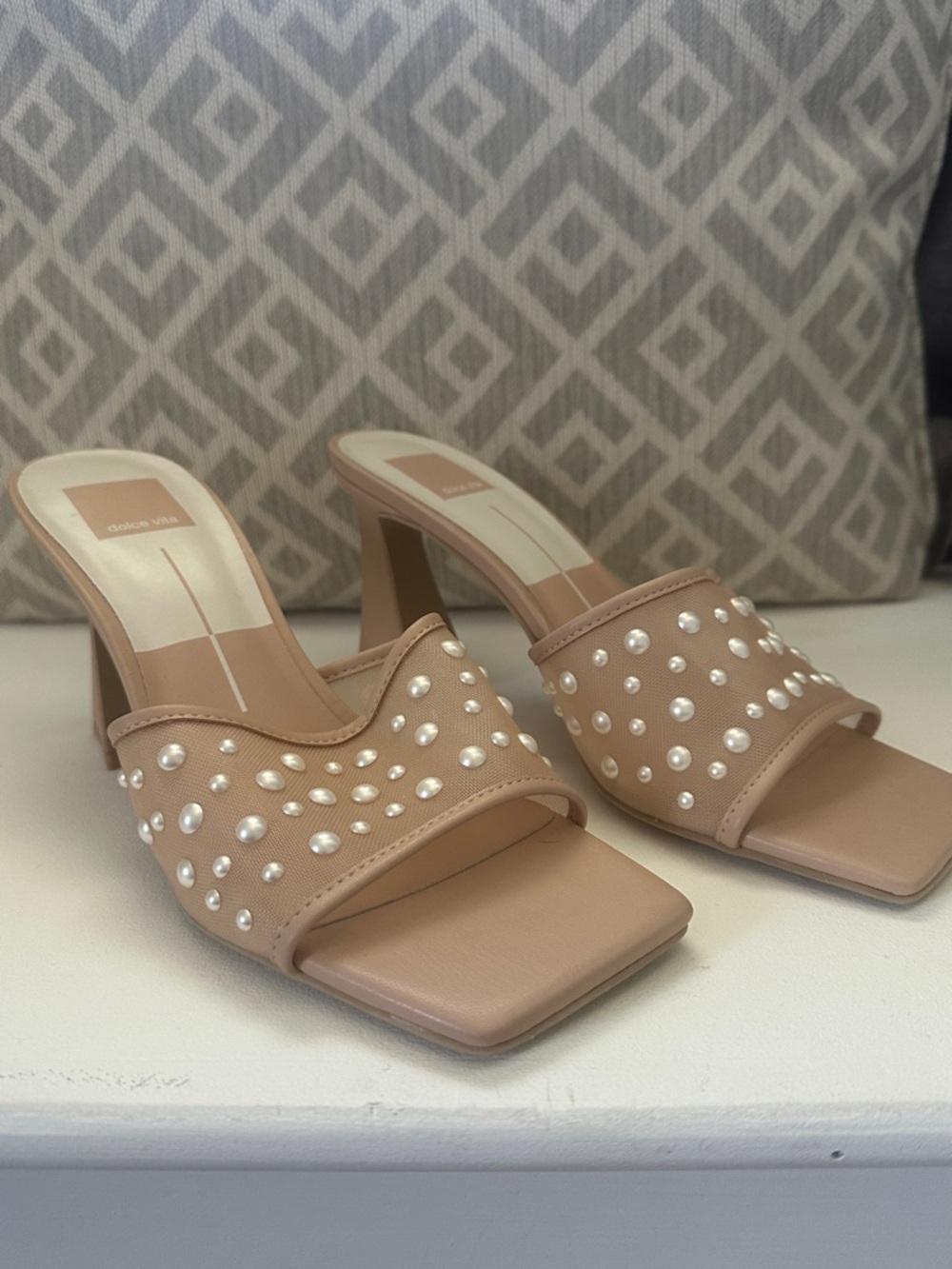 Dolce Vita Nude Pearl-Studded Block Heel Slide